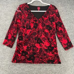212 Collection Top Womens M Black Red Floral V-Neck Whimsigoth Vamp Romantic